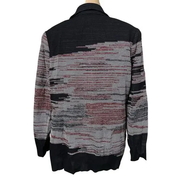 Misook Knit Blazer Black, Pink & Grey Abstract Stripe Button Front